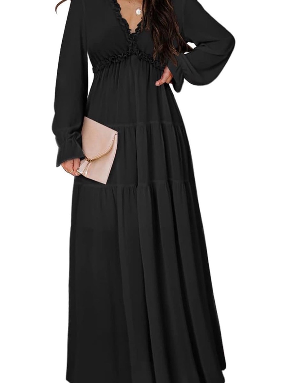Large Black Ruffle Tiered Maxi Dress Long Sleeve Deep V Boho Romantic -wore once